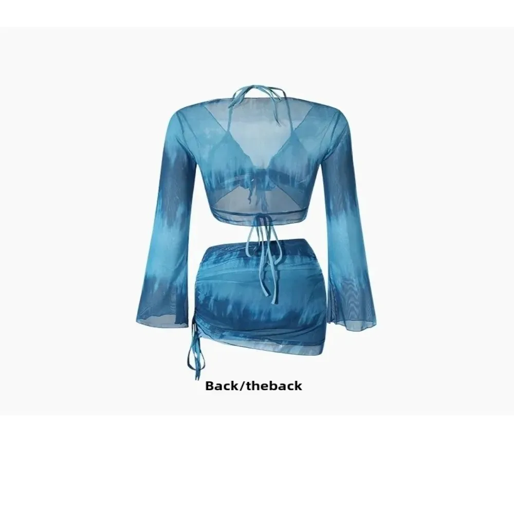 Sexy Tie Dye Mesh 4 Piece Bikini Set Sheer Mesh Bodycon Ruched Beach Bathing Suit Flared Long Sleeve Swimwear Set Summer