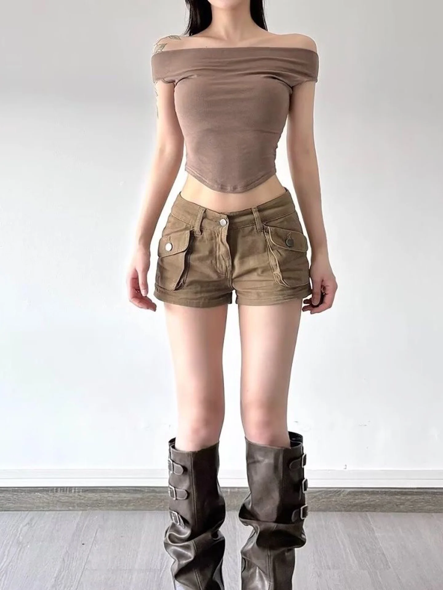 Retro American Workwear Denim Shorts Women's High Waist Elastic Fashion Cuffed Spicy A-Line Wide Leg Hot Pants