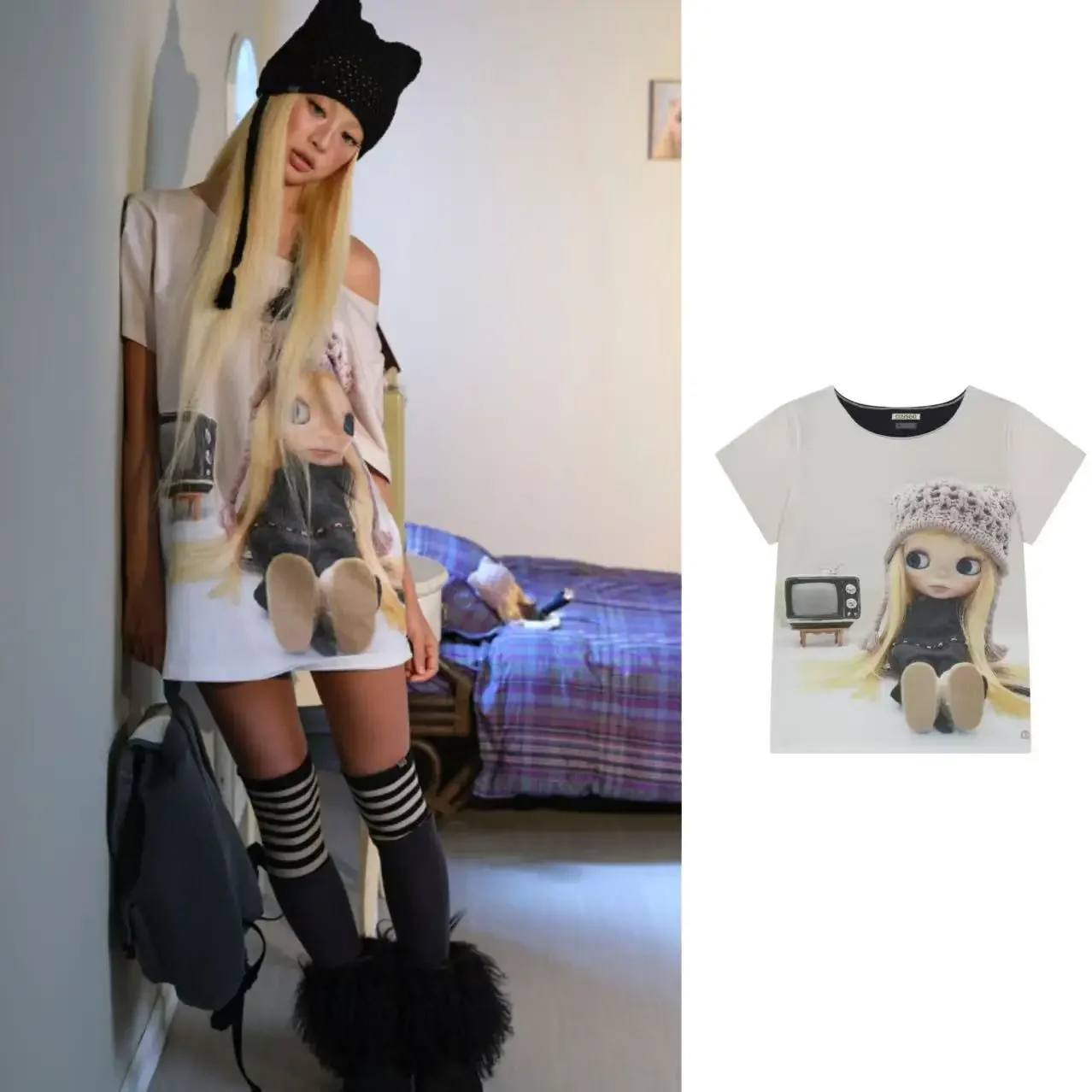 26SS Early Spring COYSEIO Collaboration Series Big Eye Doll Print Large Neckline One Shoulder Short Sleeve T-shirt