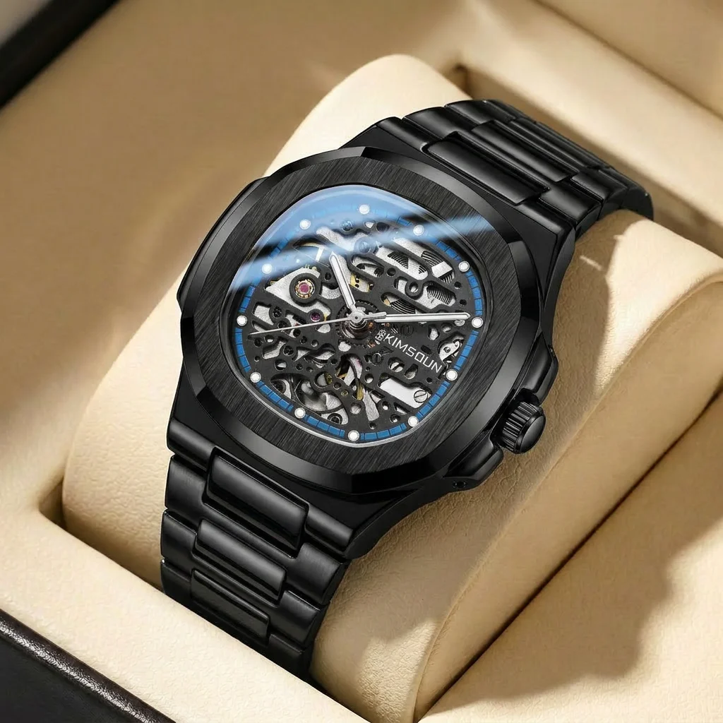 

1pcs Men's black dial alloy strap vintage fashion skeleton gear luxury details Mechanical Watch for business party holiday