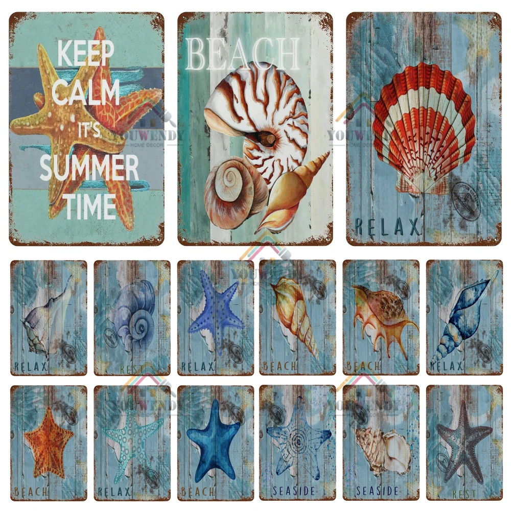 Vintage Beach Time Metal Signs, Ocean Theme, Sea Snail Underwater Starfish, Retro Metal Plates, Seaside Gifts Summer Decor, UW94