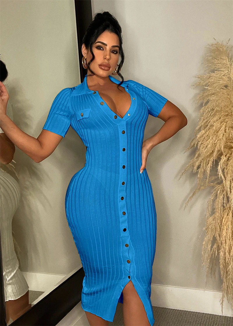 Buttons Knitting Ribbed Bodycon Midi Dress Women Sexy Turn Down Collar  Short Sleeve Highly Stretchy Slim Casual Summer Vestidos - AliExpress  200000345