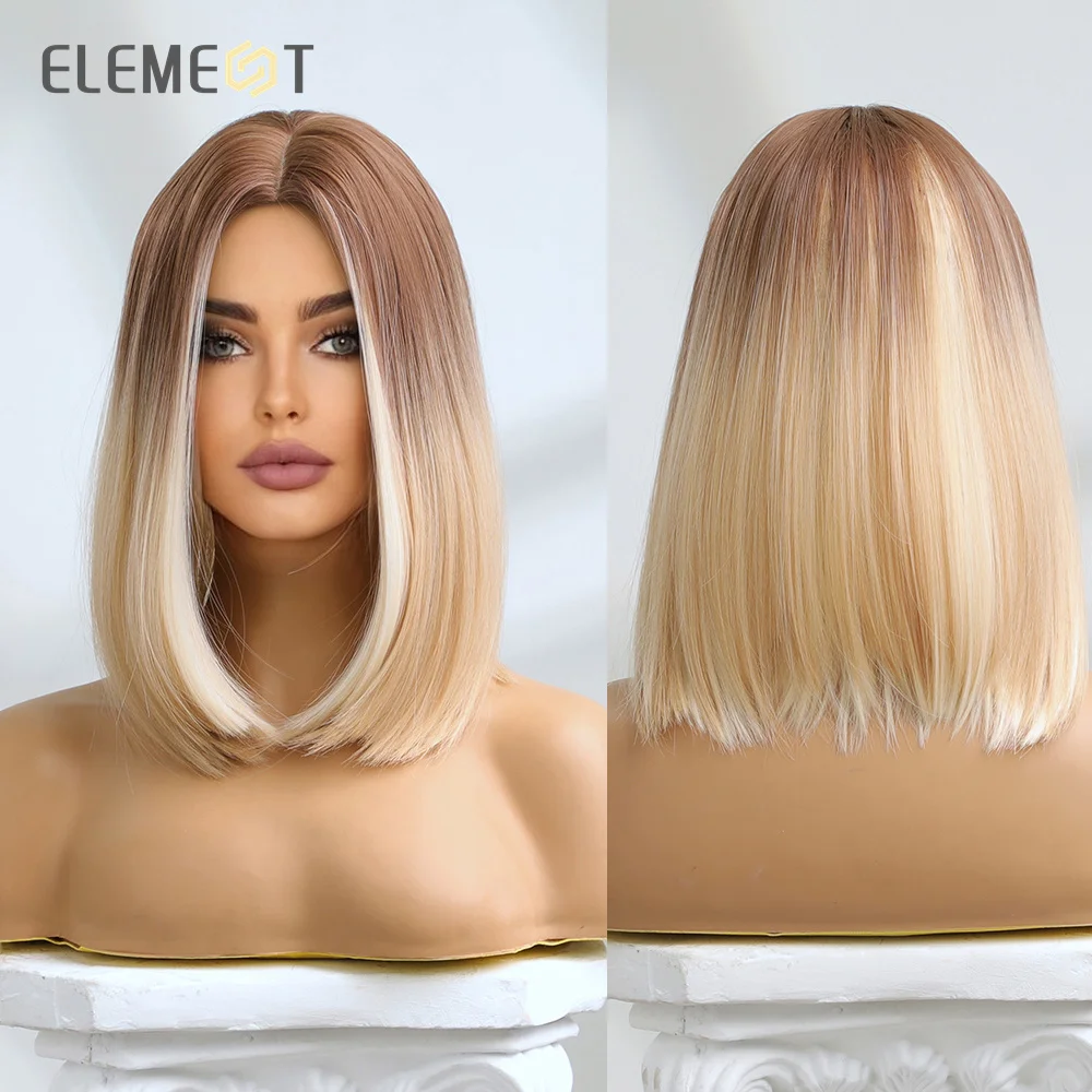 Element 2022 New Synthetic Medium Straight Ombre Blonde Bob Wigs for Women Wig Party Daily Hair Heat Resistant Fiber