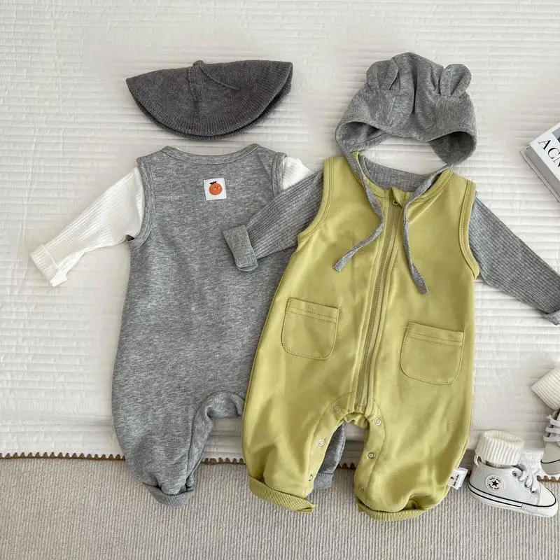 2026 New Spring Fall Sleeveless Full Button Front Baby Romper Grey Outerwear Infant Bodysuit Crawler Jumpsuit Style One Piece
