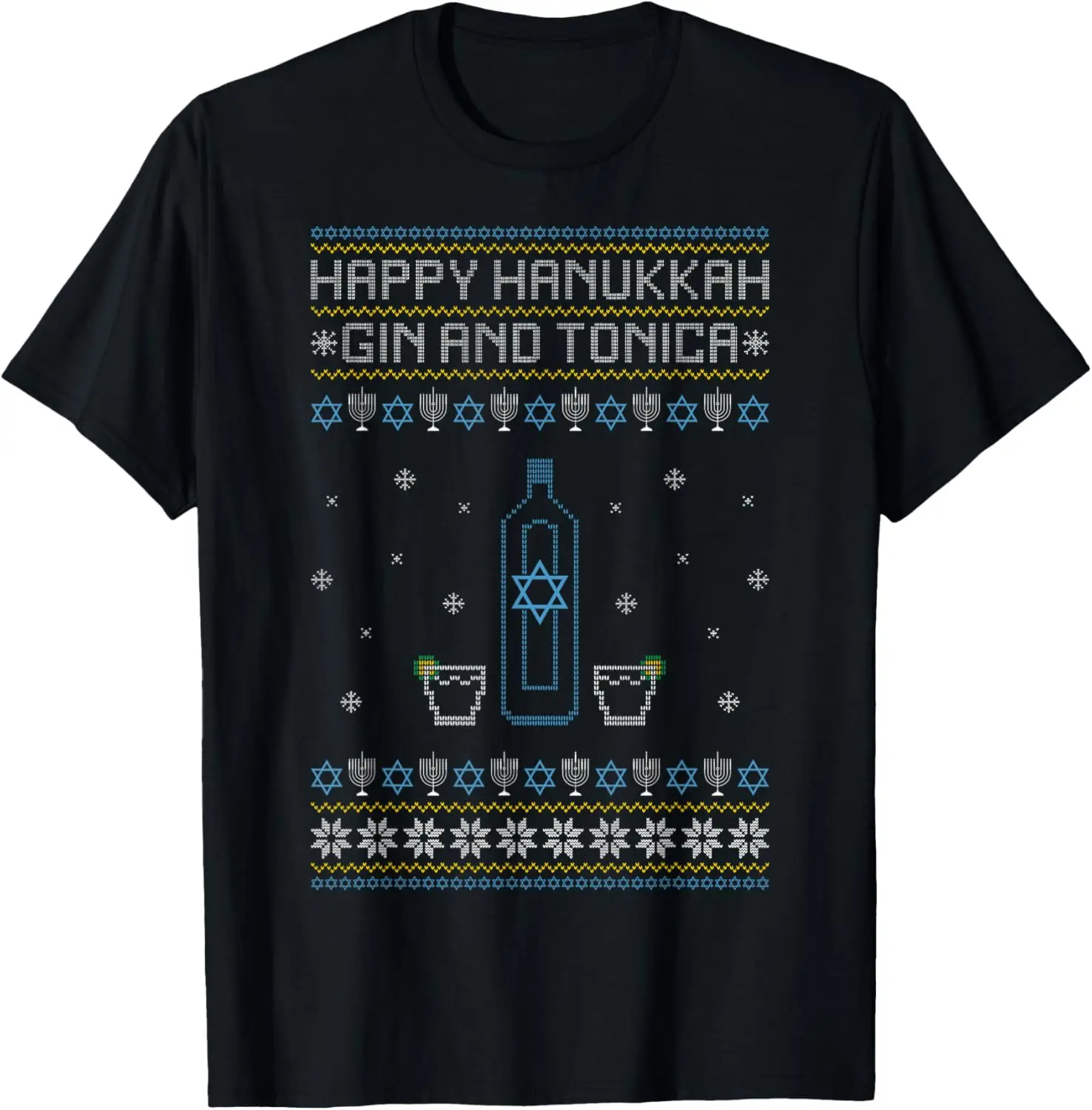 Happy Hanukkah Gin And Tonica Jewish Ugly Sweater Alcohol T-Shirt