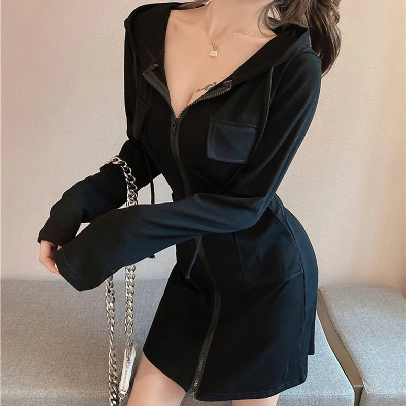 Sexy Hoodies Long Sleeve Sweatshirt Women 2023 Autumn Winter Pockets Zipper Hooded Dress Woman Korean Style Tunic Solid Coats