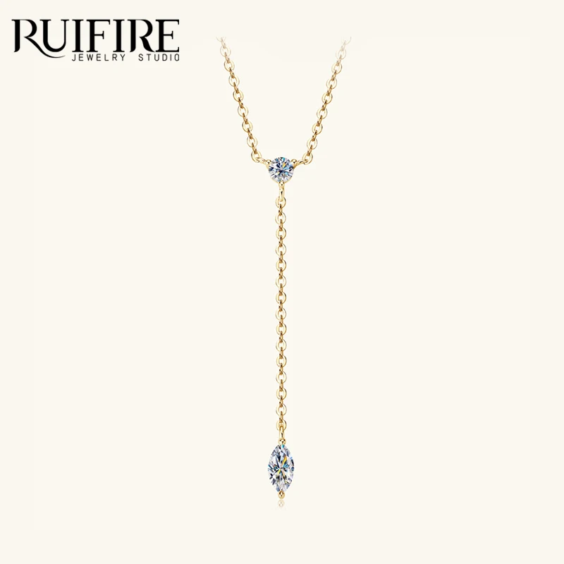 

RUIFIRE 14K Gold Plated 925 Sterling Silver Y Shape Lariat Necklace Marquise Round Moissanite Pendant Long Chain Drop Necklaces