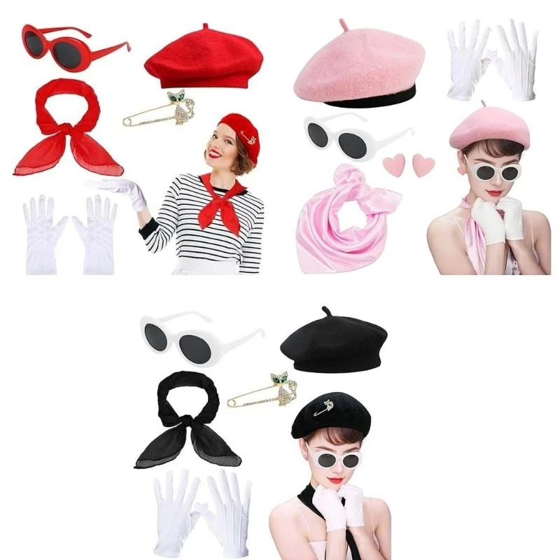652F Ladies 1980s Costume Hat with Sunglasses Heart Earrings Gloves Scarf for Women Birthday Themed Party Music Festival
