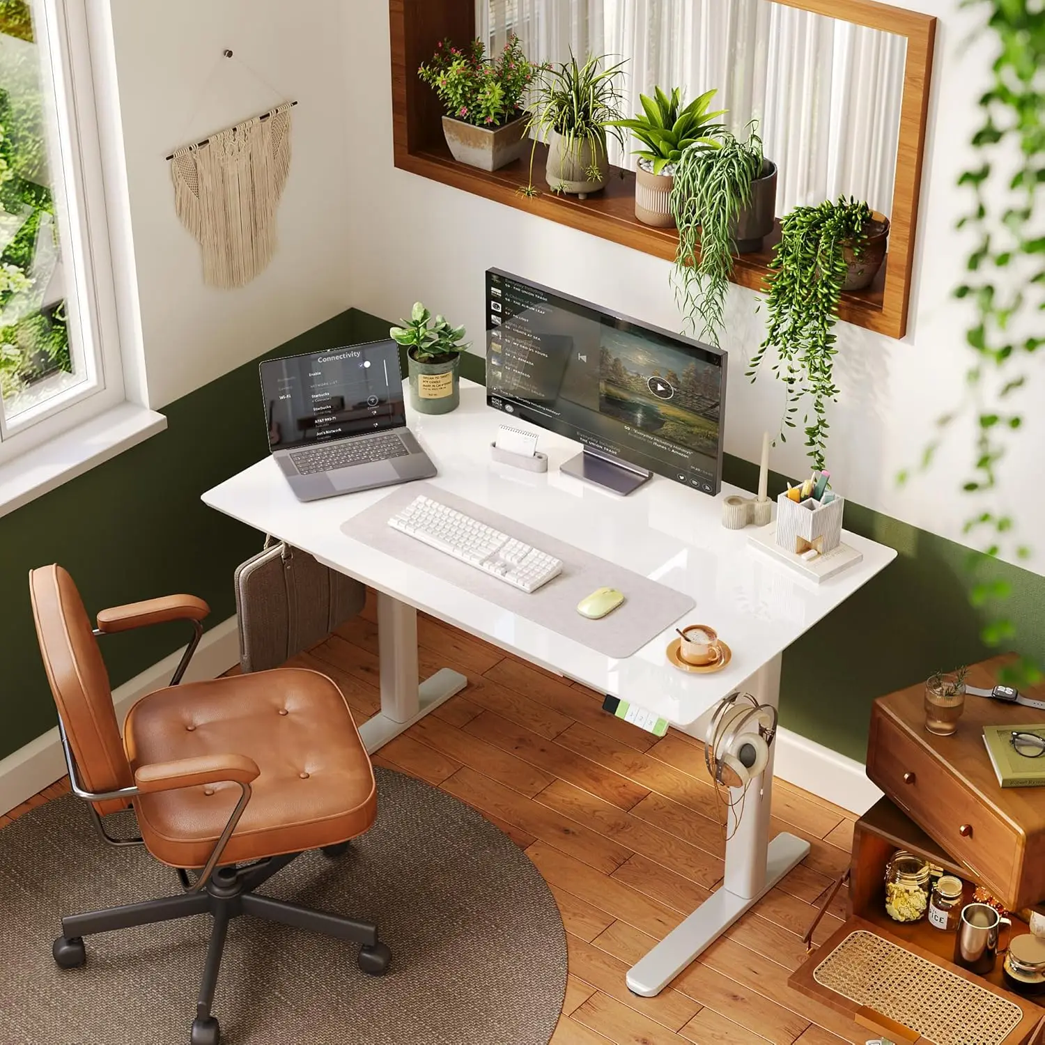 48×24 Inch White Glass Standing Desk with Drawers, Adjustable Stand Up Desk Quick Install for Home Office, Customized