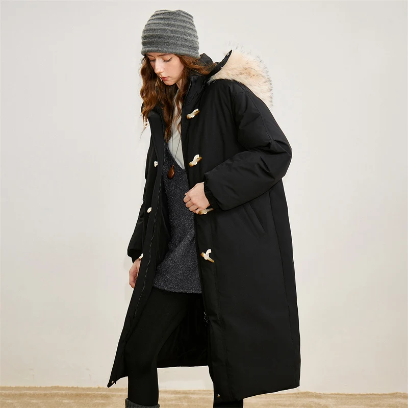 TOYOUTH-Chaqueta de plumón 90% para mujer, abrigo largo de tres pruebas con cuello de piel nueva, con capucha, hebilla de cuerno de vaca, invierno, 2025