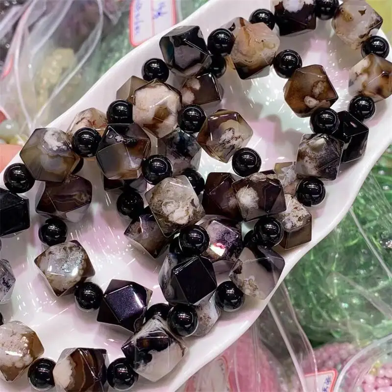 

15MM Natural Black Flower Agate Facet Bracelet For Women Men Love Gift Crystal Beads Strands Jewelry Gift 1PCS