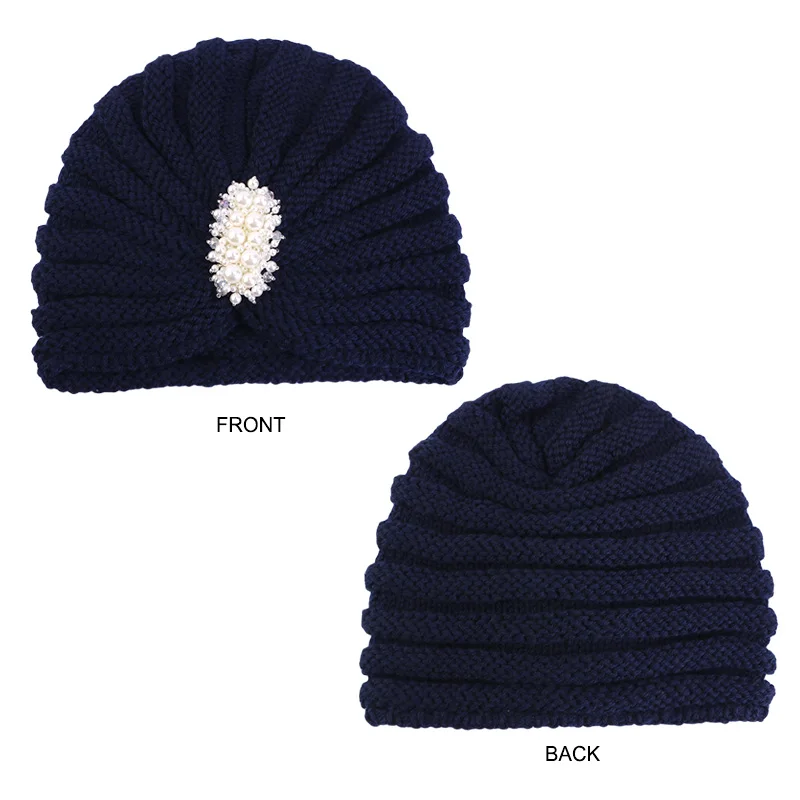 New Women Vintage Bead Knitted Turban Thick Coldproof Elastic Head Wraps Casual Knit Hats Warm Pleated Beanies Chemo Cap