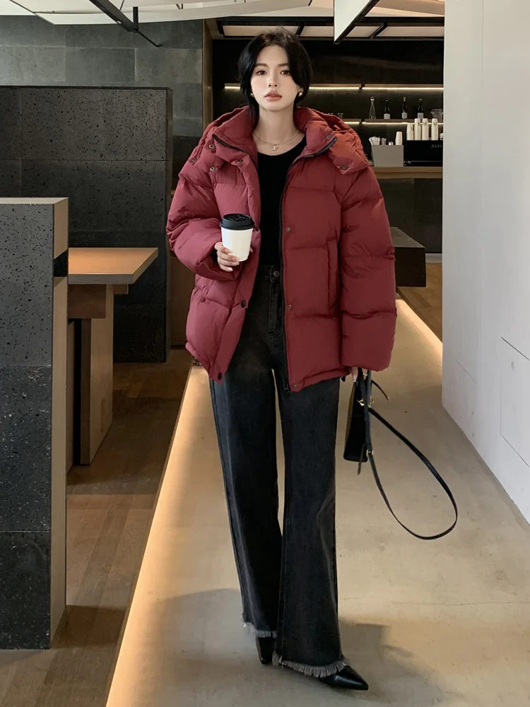 Floral Goose Down Coat for Women, Long Hooded Jacket, Thick Casual Loose Winter Jacket in Burgundy