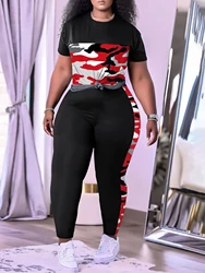 LW Plus Size Camo Print High Waist Pants Set Crew Neck Short Sleeve T-shirt & Color Contrast Trousers Women Sports Streetwear