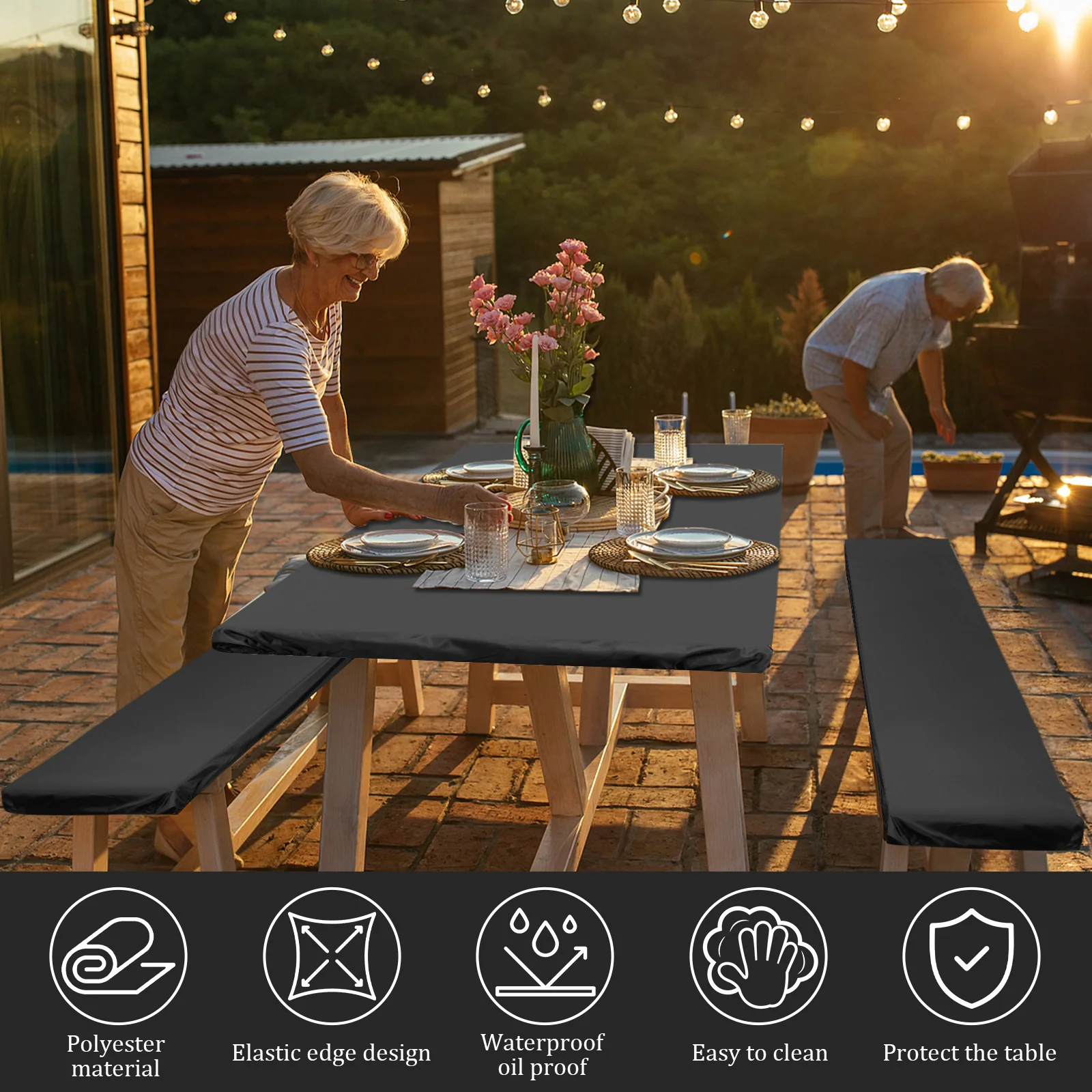 Picnic Table Cover Polyester Waterproof Windproof Tablecloth with Bench Cover Reusable Fitted Tablecloth Outdoor Dust Cover
