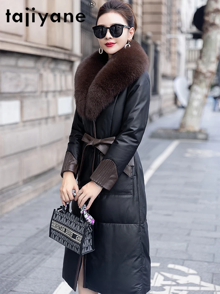 معطف نسائي من TAJIYANE مصنوع من جلد الغنم الحقيقي معطف نسائي ضيق طويل من الجلد الطبيعي معاطف بياقة من فرو الثعلب ملابس نسائية شتوية 2025 #2