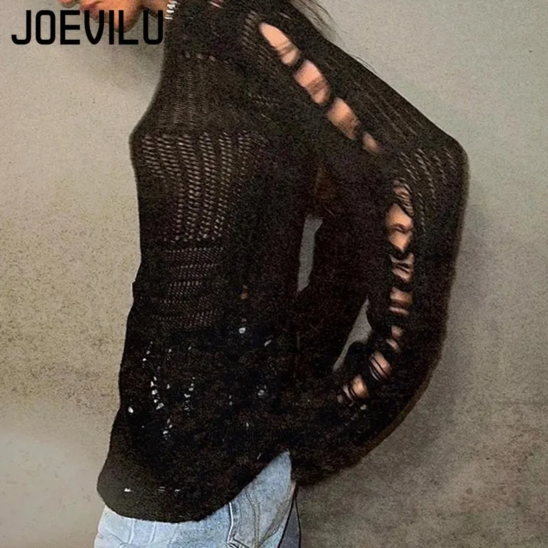 Suéter de punto hueco gótico vintage para mujer con agujeros rasgados Estilo Grunge Y2K Top de verano holgado de manga larga fino en negro