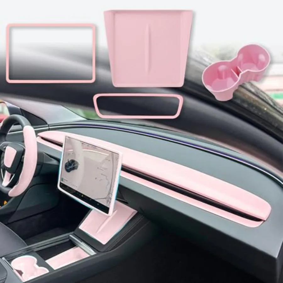 

4PCS Center Console Wirel Charger Mat Silicone for 2025 2026 New Cup Holder Insert, Screen Edge Protector Frame, Rear View Mirr