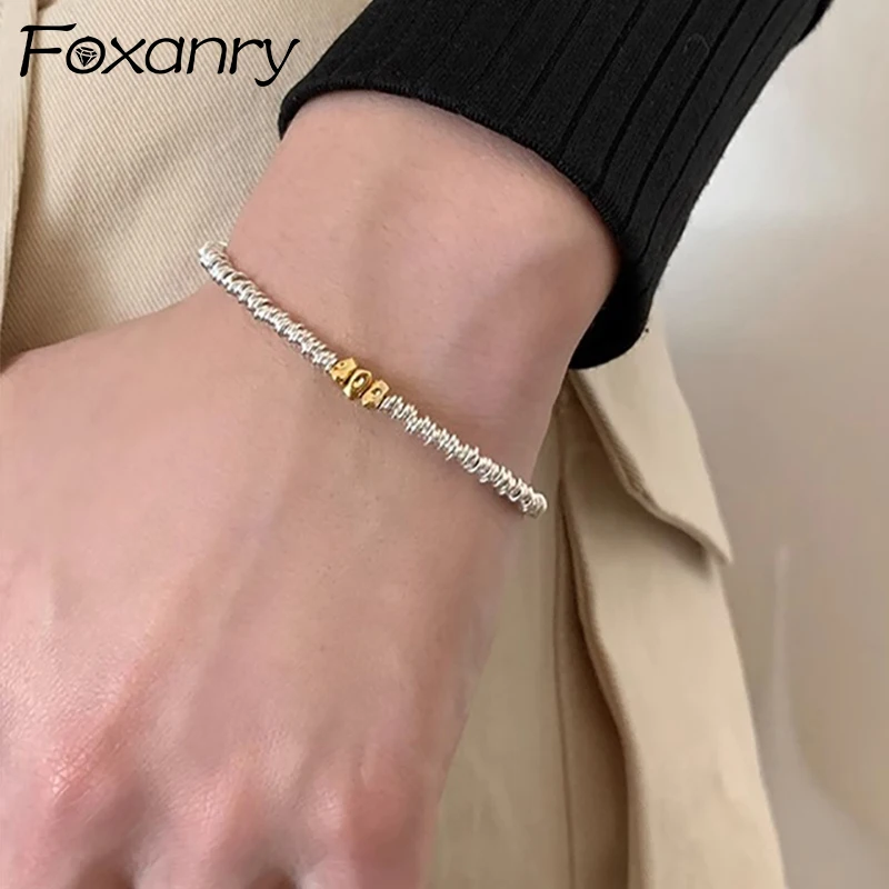 Foxanry 1 PC Silver Color Irregular Geometric Beaded Bracelet For Women Girls Minimalist Fashion Birthday Party Jewelry Gifts