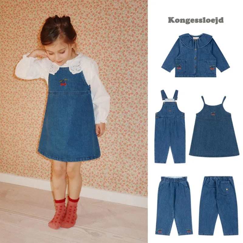 Children's Denim Suit 2024 Autumn New Fashion Cherry Jacket Back Pants Pants Pants in Small Children Solid Color Two-piece Set