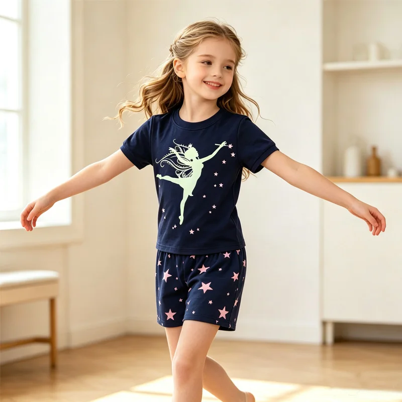 Little Hand Girls Short Sleeve Pajamas Toddler Cotton Pjs Glow in the Dark Girls Magic Dancing Summer Loungewear Sets for 2-7T