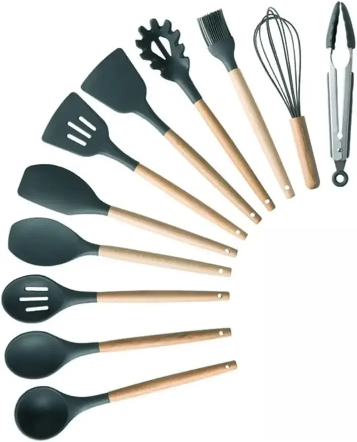 Silicone Set for Kitchen Utensils Wooden Cooking Utensil Spatula Tongs Cooking Utensil Set Heat Resistant Kitchen Tools (Color :