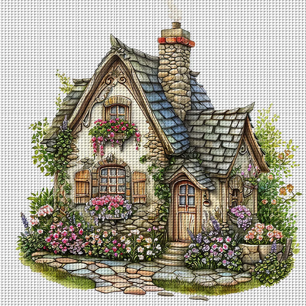 1 Stück 36x36cm/14,17x14,17 Zoll, 11CT Druck Kreuzstich DIY-Set, Märchenhütte, Entspannter Kreuzstich für Erwachsene Anfänger S