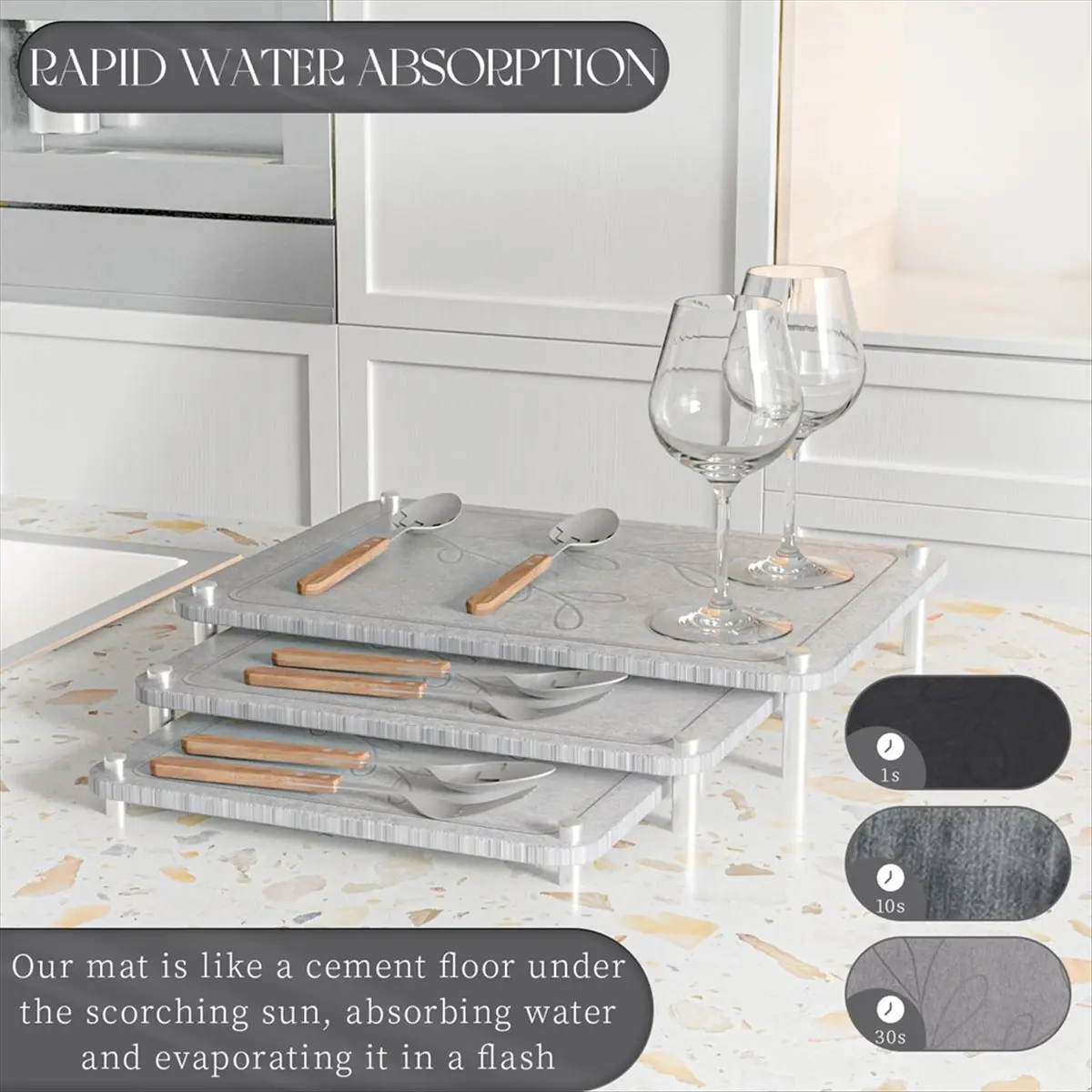 3Pcs Nesting Stone Drying Mat for Kitchen Counter, Super Absorbent Diatomaceous Earth Drying Mat with Non-Slip Feet