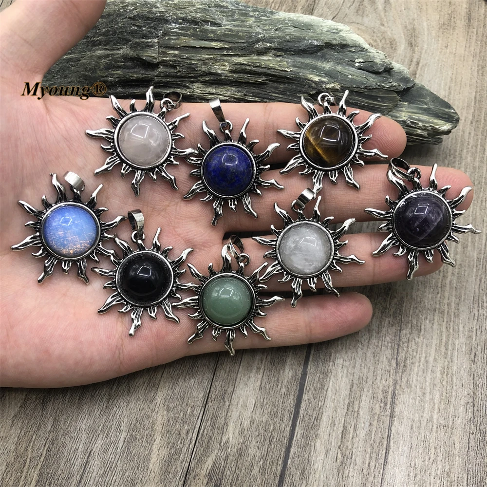 10PCS Ancient Round Natural Gems Tiger Eye Lapis Stone Rose Quartzs Crystal Amethysts Vintage Sunshine Pendants