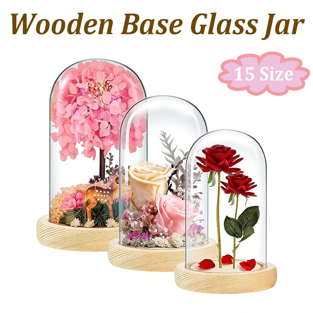 Cúpula de Vidro Transparente com Base de Madeira Sólida, um Jarro Decorativo para Centros de Mesa e Decorações de Casamento em Casa ou Escritório