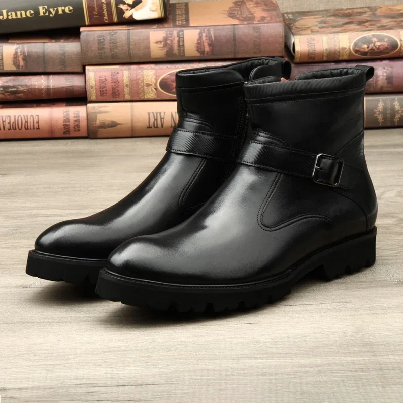 Large Size EUR45 Winter Black Mens Ankle Boots Genuine Leather Boots Male Office Shoes With Buckle