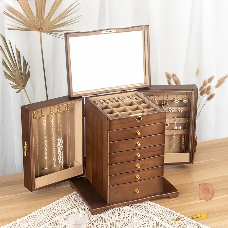 Multilayer Wooden Jewelry Box Earring Storage Box Jewelry Display Box Cosmetic Storage Container Home Creative Storage Tools