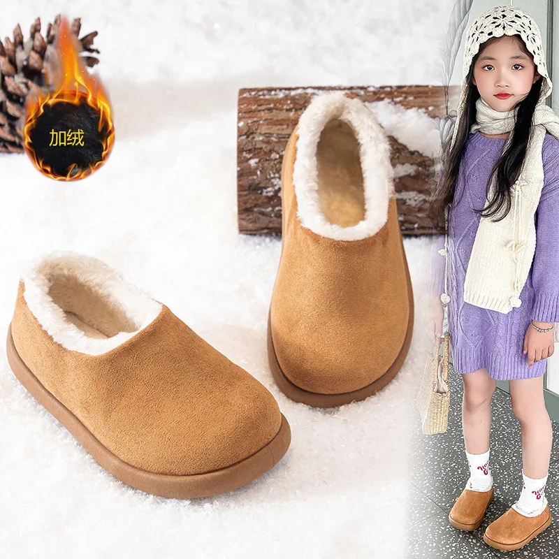 الفتيات الشتاء الثلوج الأحذية القطن الصوف الدفء خطوة واحدة الفول أحذية الأطفال الفراء الثلوج الأحذية 2025 نمط جديد