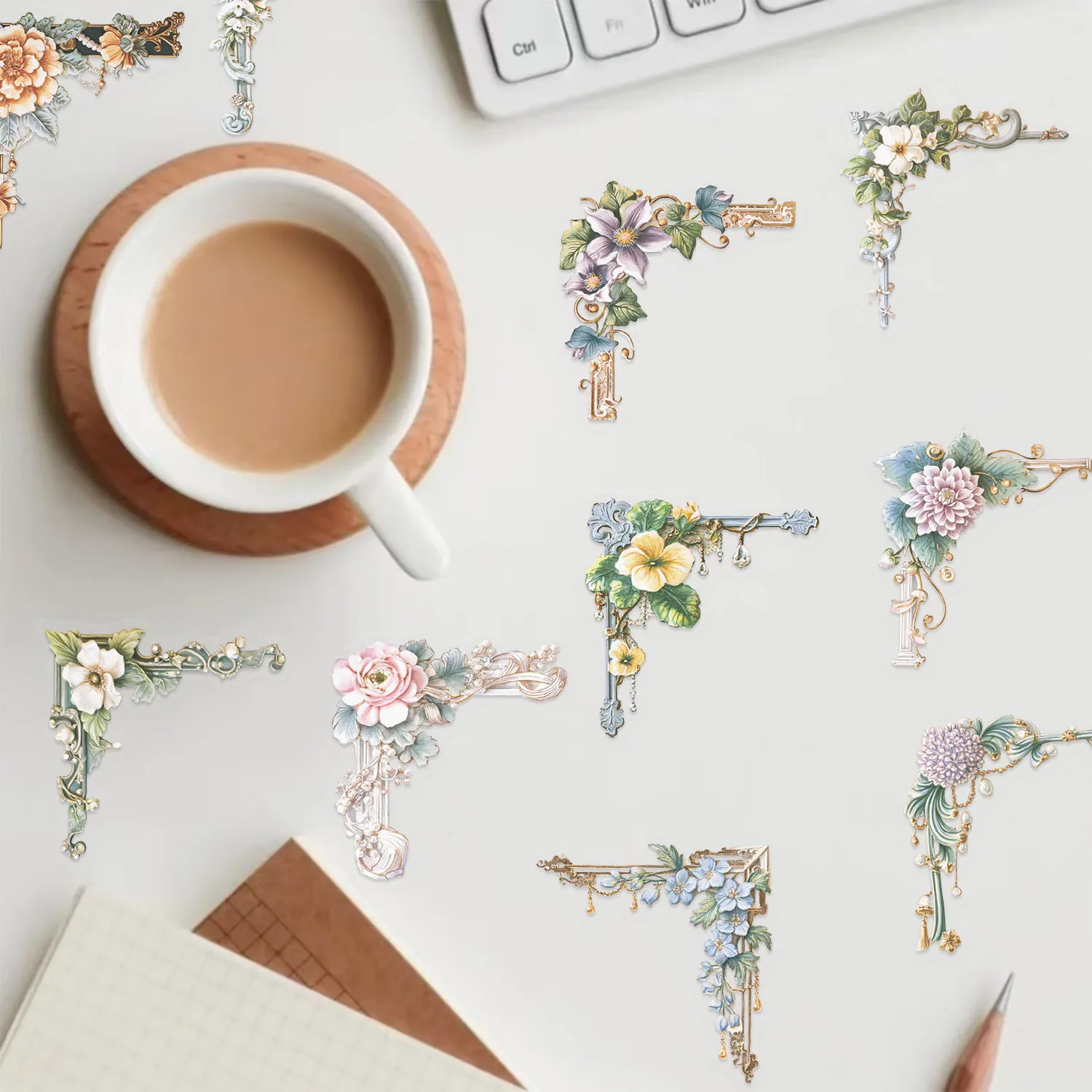 50/100 PCS Transparent PET Cartoon Flower Picture Frame Sticker Pack Waterproof Decorative Guitar Notebook Stickers