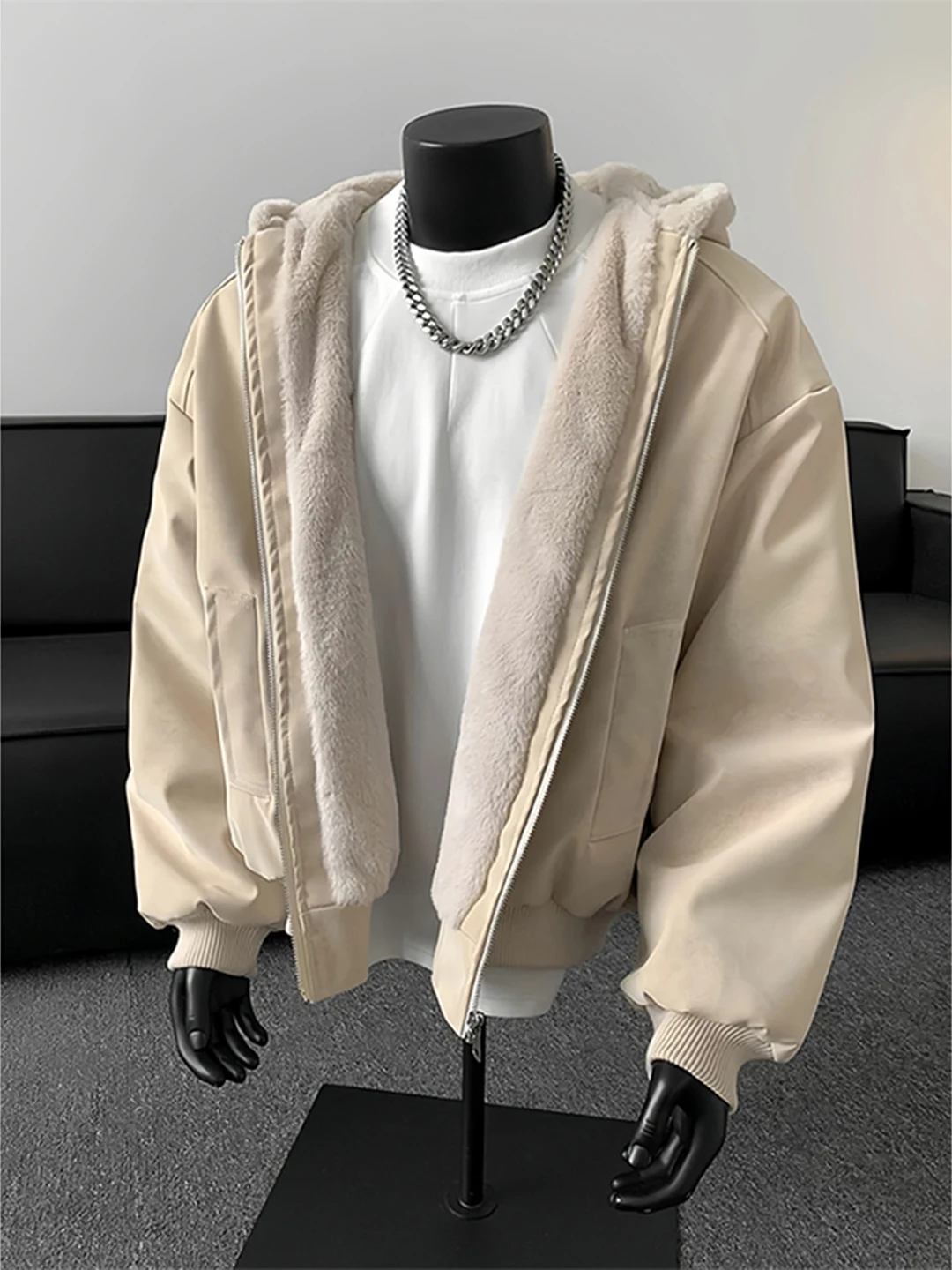 

Olive een Hooded PU Leather Jaet Men's Thiened Fce Collar Mountain Eagle Coat Autumn Winter Cotton Jaet American S...