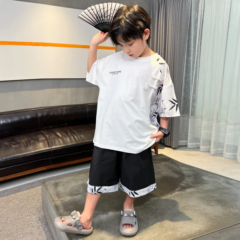 Teen Boys Kids Chinese Style Bamboo Print 2 Piece Set Short Sleeve T-Shirt & Shorts Summer Outfits For Children 5 6 7 8 9 11 Yrs