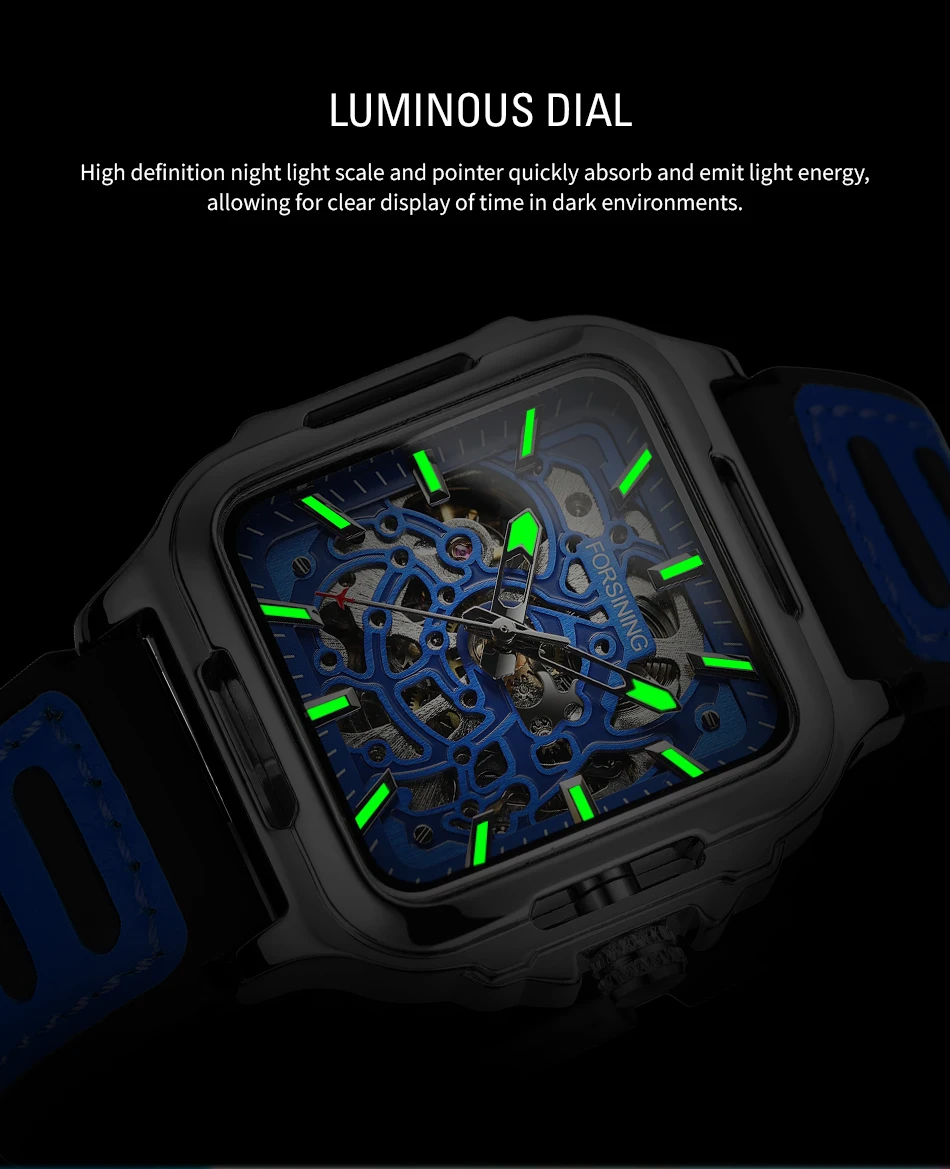 Forsining Original Square Skeleton Mechanical Men Watches Automatic Movement Field Sport Blue Rubber Luxury Replica Male Watch