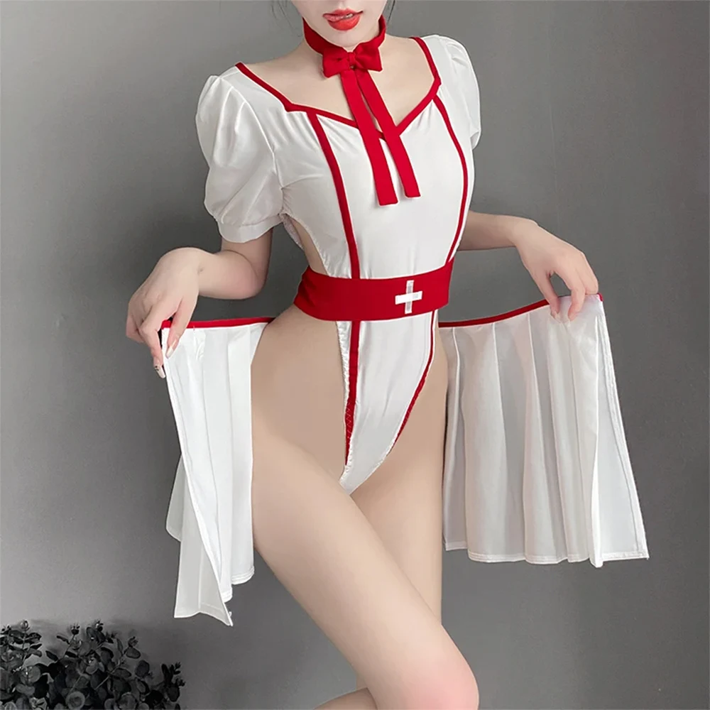 Sexy Cosplay Outfits Bodysuit with Mini Skirt Nurse Passion Uniform Crotch Opening Temptation V Neck Hot Lingerie Pajamas