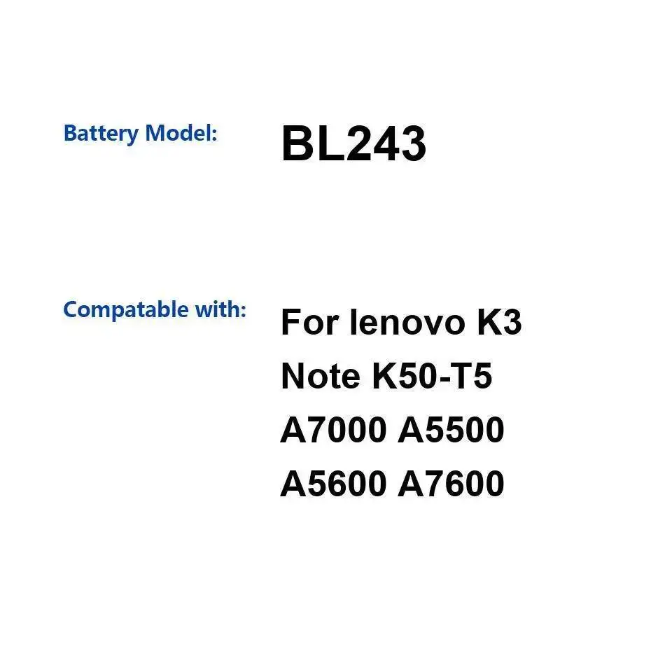 

Для Lenovo K3 Note K50-T5 A7000 A5500 A5600 A7600 долговечный аккумулятор для мобильного телефона высокой емкости BL243 3000 мАч