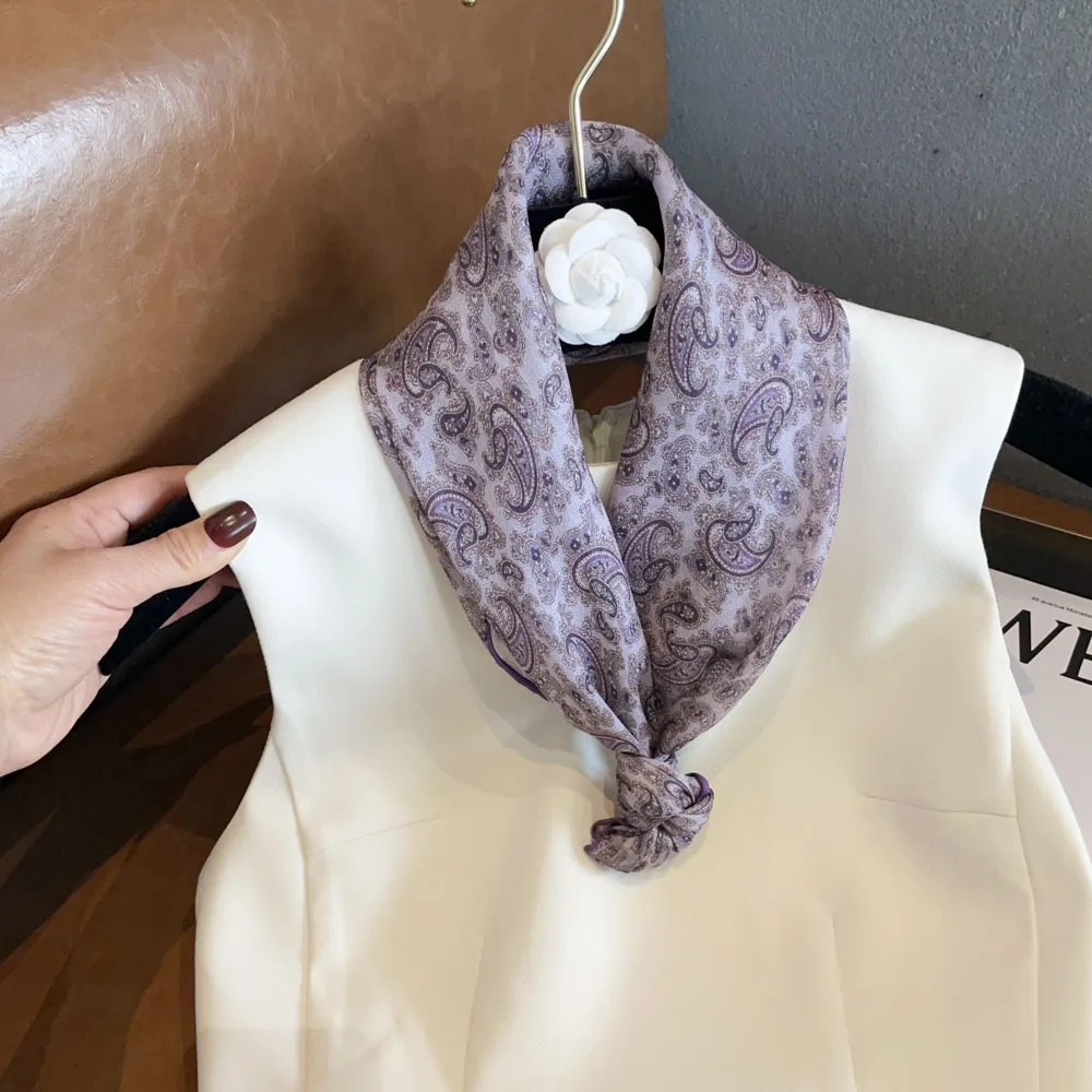 

100% Mulberry Silk Paisley Square Scarf 65cm Purple Lightweight Neck Scarf for Women Spring Autumn Fashion Thin Bandana