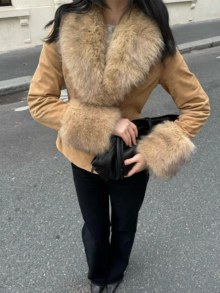 

HH женский однобортный карманный костюм с длинными рукавами и съемными меховыми лацканами, замшевый костюм, пальто, женское пальто для отдыха