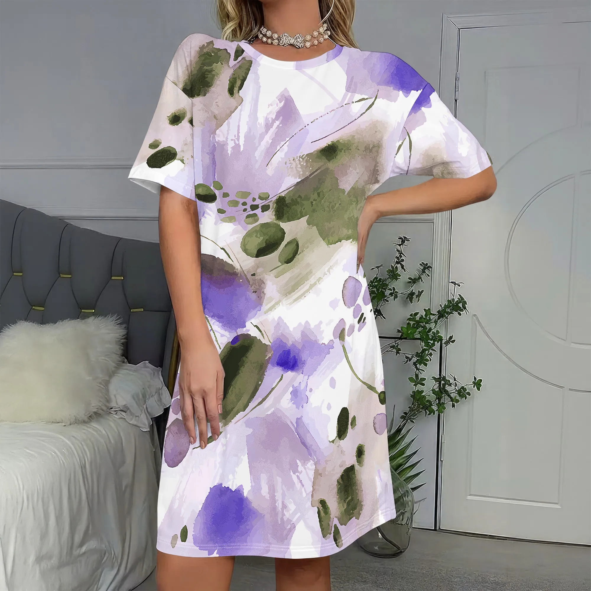 

Abstract Art Print, Short Sleeve Dress, Watercolor Floral, Loose Fit Tunic, Summer Beachwear, Casual Daily Wear, S-2XL