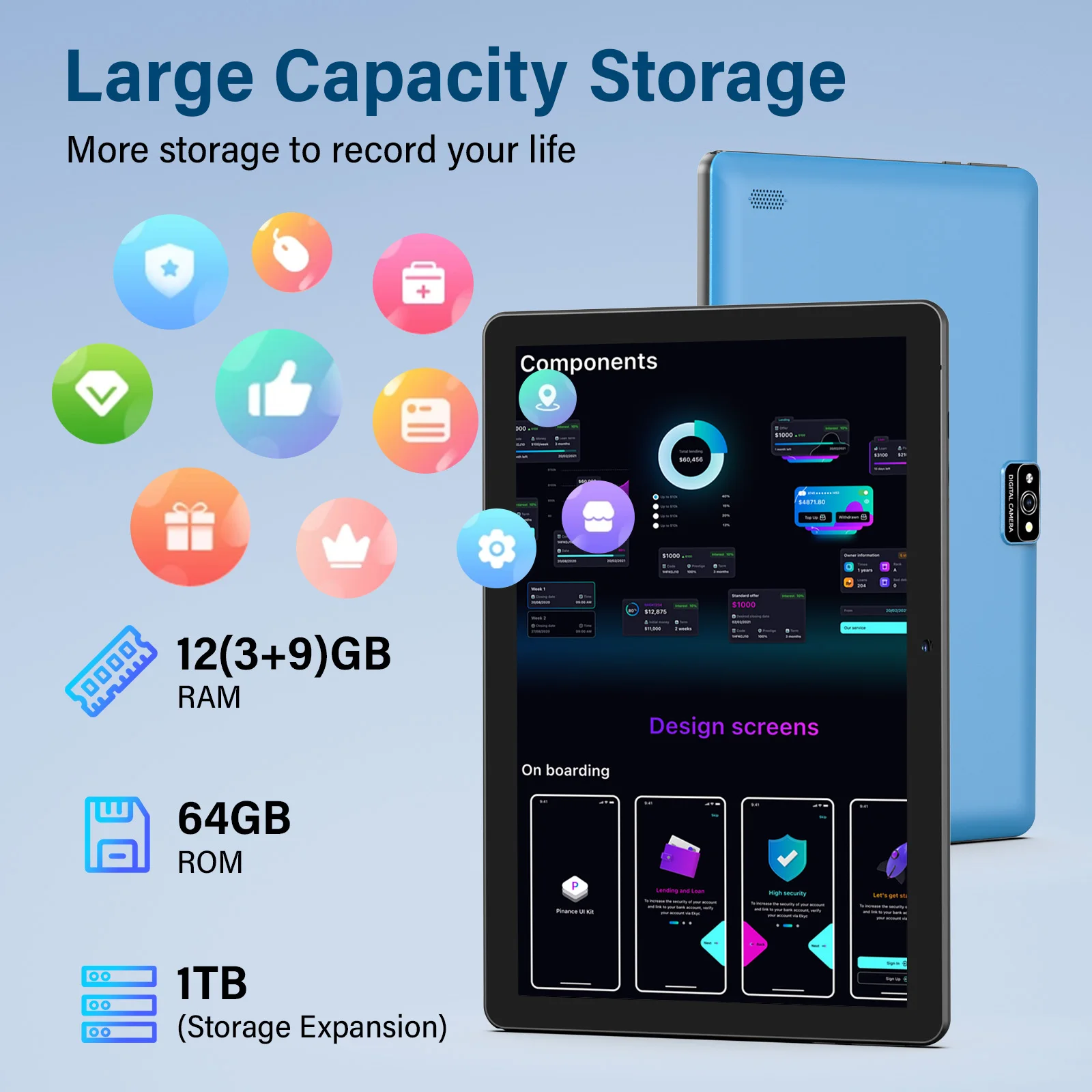 تابلت BAKEN Android 15، 12 (3+9) جيجابايت + 64 جيجابايت، معالج رباعي النواة، واي فاي 6، بلوتوث، USB-C، متجر جوجل بلاي،