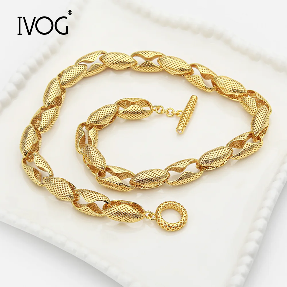 IVOG Vintage Mesh Oval Link Choker Necklace for Women Brass Toggle Clasp Neck Chain Daily Party Jewelry Gift ﻿