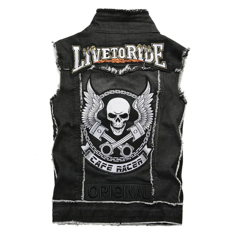 Gilet in Denim da uomo Hi Street Biker con rivetti Skull patch Fashion Punk Style Jean gilet giacca senza maniche di personalità