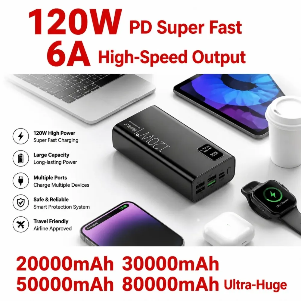 80000mAh 120W PD Fast Charging Power Bank, 6A USB C Super Fast Battery Pack for Xiaomi iPhone 16 15 Samsung S24 iPad MacBook