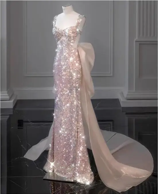 

Shiny Pink Mermaid Evening Dresses Bowknot Sequined Beading Detachable Tailing Halter Collar Customize Luxury Prom Gowns 2022