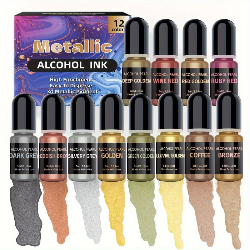 12 Set Warna Logam 3DRendering (5Ml * 12 Warna/Set), Set Gradien Metalik Tinta Alkohol, Cocok untuk Resin Epoksi dan Resin 3DRender