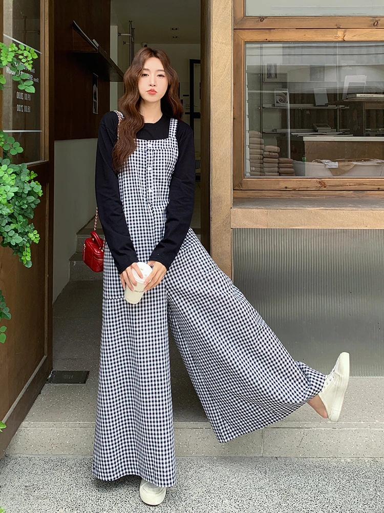 Retro Koreańskie Spodnie w Kratę z Szerokimi Nogawkami Damskie Jesienne Nowe Eleganckie Luźne Spodnie Jednoczęściowe z Wysokim Stanem Długie Spodnie