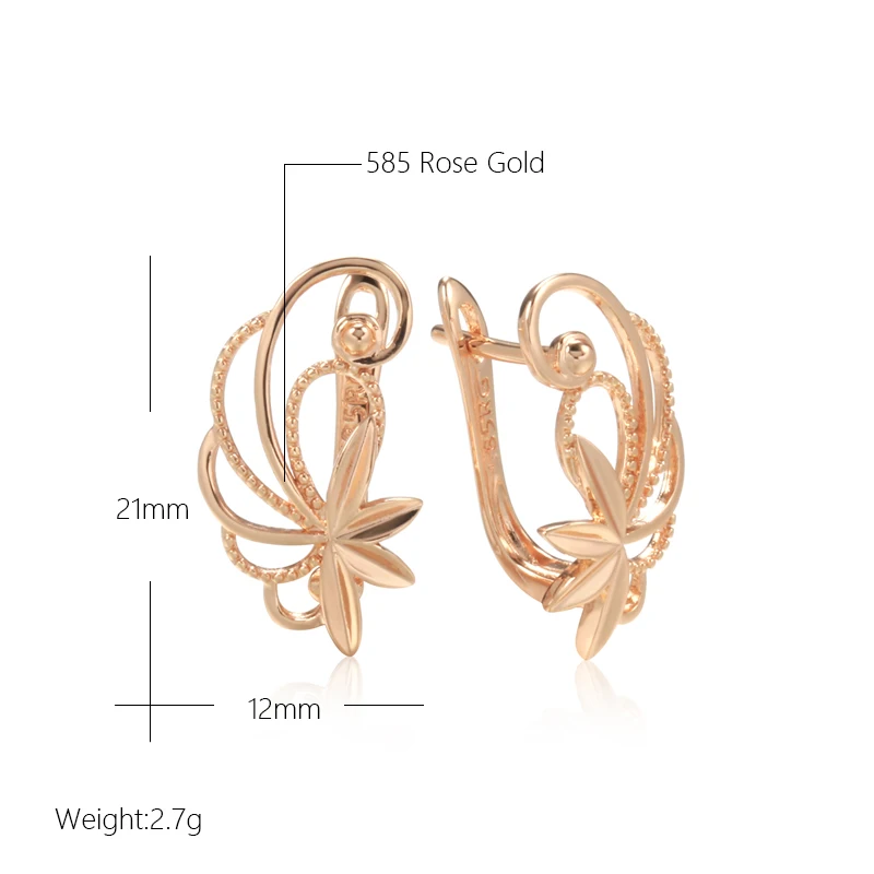 Gulkina Vintage Pattern Hollow out Women's Earrings 585 Rose Gold Color Glossy Feather Women's Fashion Wedding Exquisite Jewelry